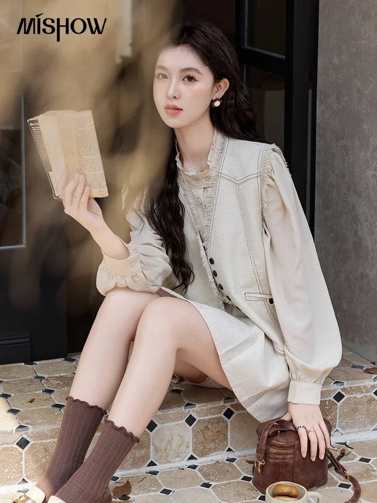 MISHOW Vintage Women Shirt Vest Coat Short Skirt Separately 2024 Fall Winter French Apricot Stand Neck Shirt Sweet  MXD48C0365