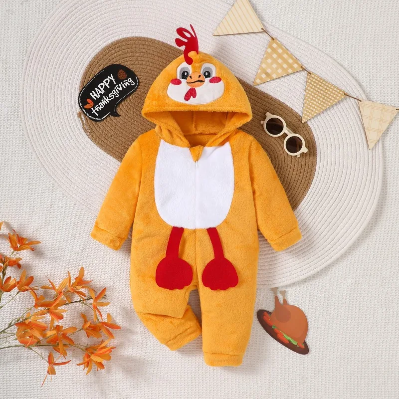 Newborn Baby Animal Costume Orange Chicken Romper Hooded Plush Fleece Jumpsuit with Feet Cute Warm Outfit 0 24M