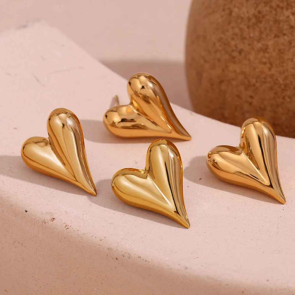 Classics Gold Plated Metal Dome Drop Heart Shape Small Stud Earrings for Women Girls Smooth Stainless Steel Piercing Ear Jewelry