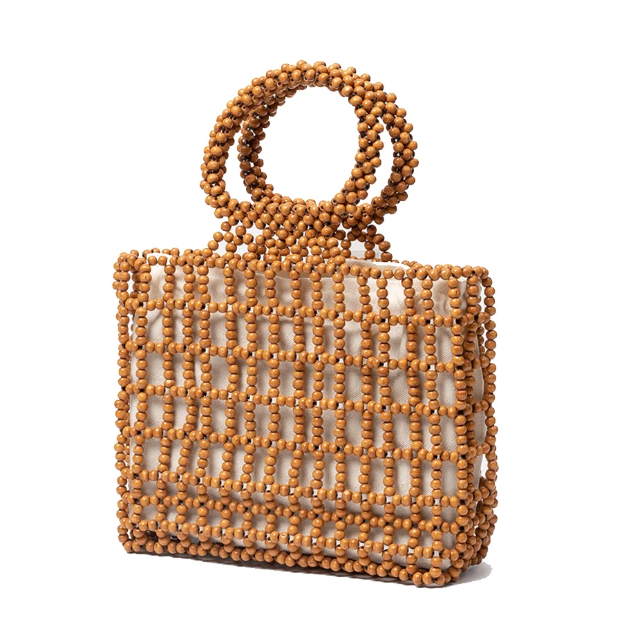 

Handmade Woven Clutch Purses For Women Summer Design Hollow-out Wooden Bead Small Handbag With a Canvas Inner Bag Bucket Bags