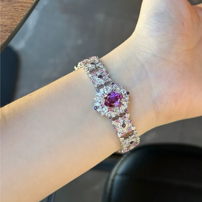 

CAMEO 925 Silver Gold-plated Lab-grown Gemstone Purple Sapphire Flower Star Full Diamond Hollow-out Bracelet