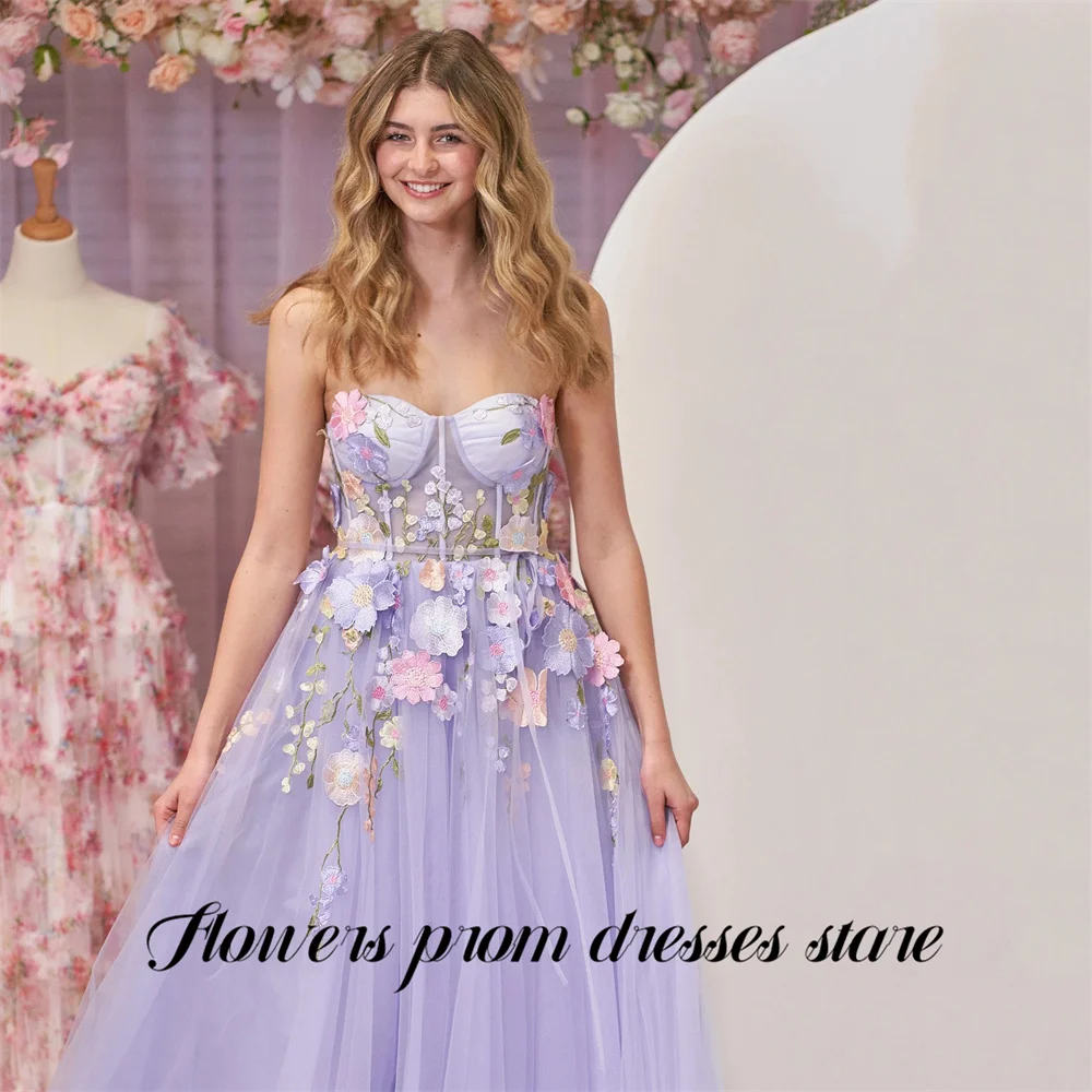 

Сиреневое вечернее платье с цветами, разноцветное платье для выпускного вечера с цветочным принтом, тюлевое вечернее платье без рукавов со шнуровкой, robe de bal, по индивидуальному заказу