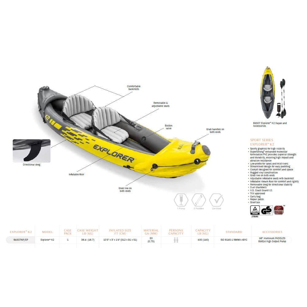 Intex K2 Kayak gommone in PVC per 2 persone con pagaie e pompa per la pesca e la deriva su fiumi e laghi uso esterno