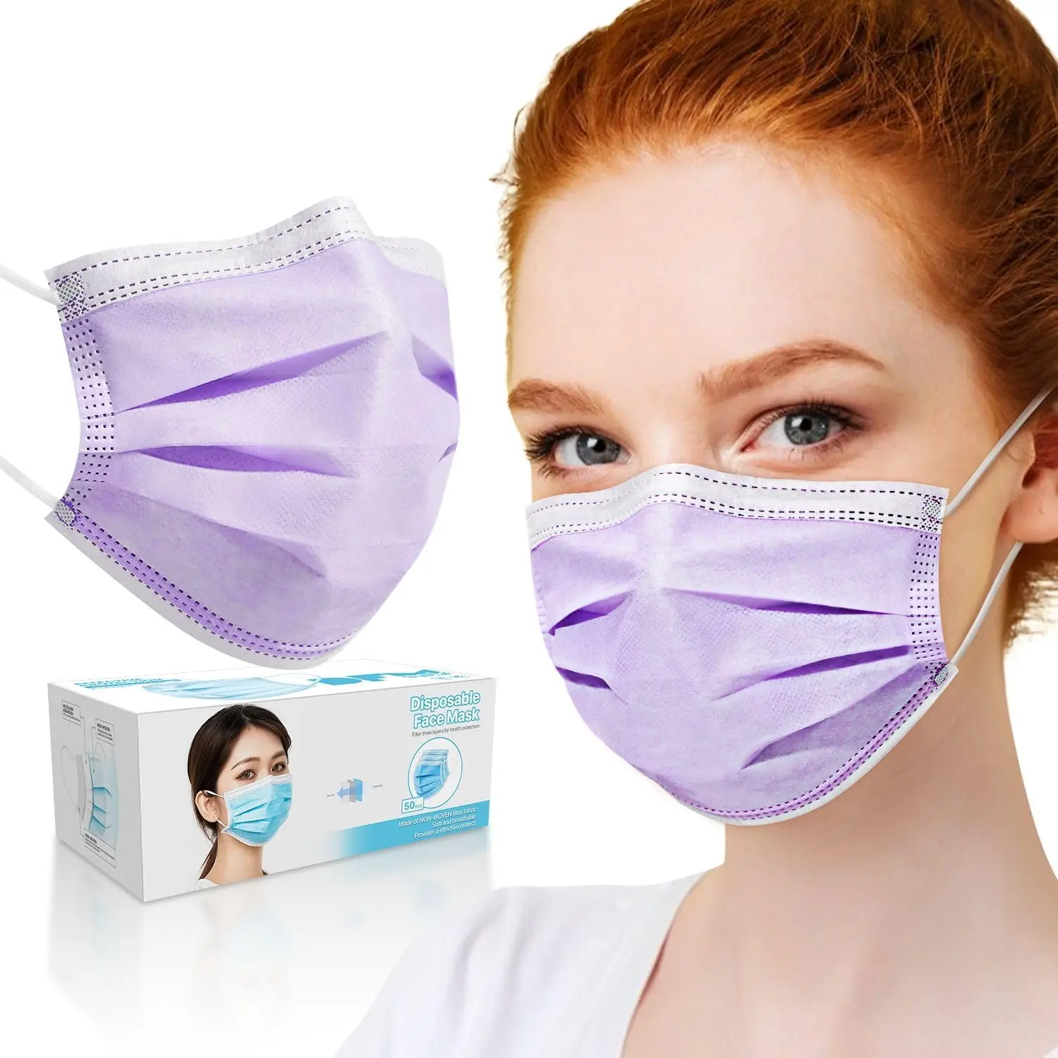 

50 PCS Purple Disposable Face Masks 3-Ply Filter Earloop Mouth Cover, Face Mask