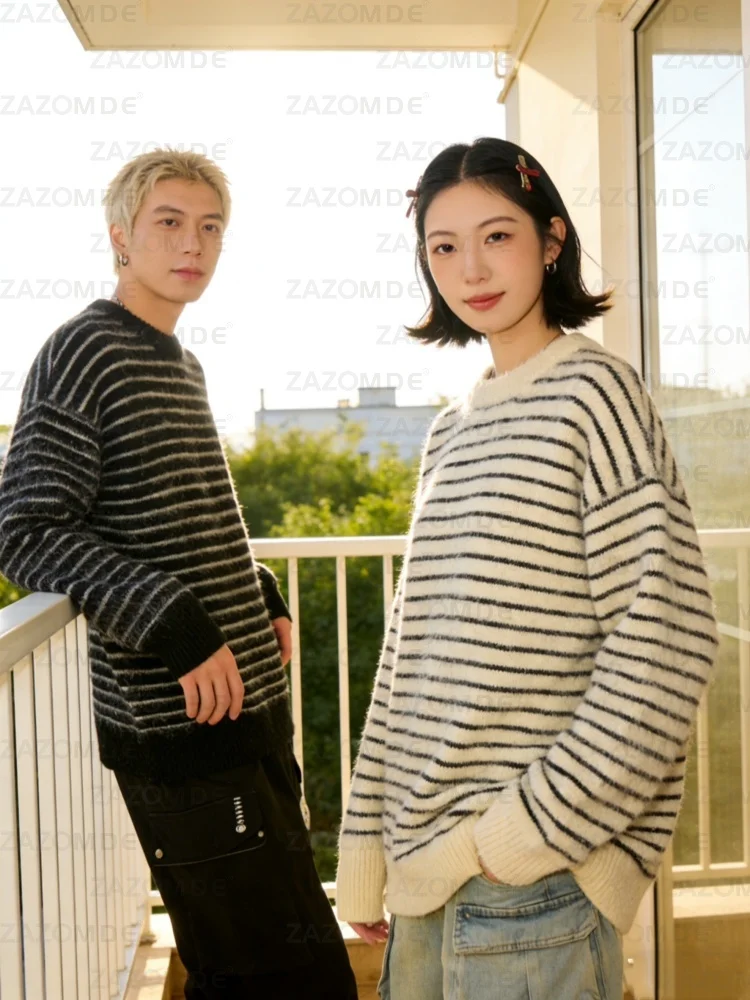 ZAZOMDE  2025New Unisex Korean Streetwear Striped Knit Sweater Couple Matching Set Bold Black Stripe Modern High Street Fashion