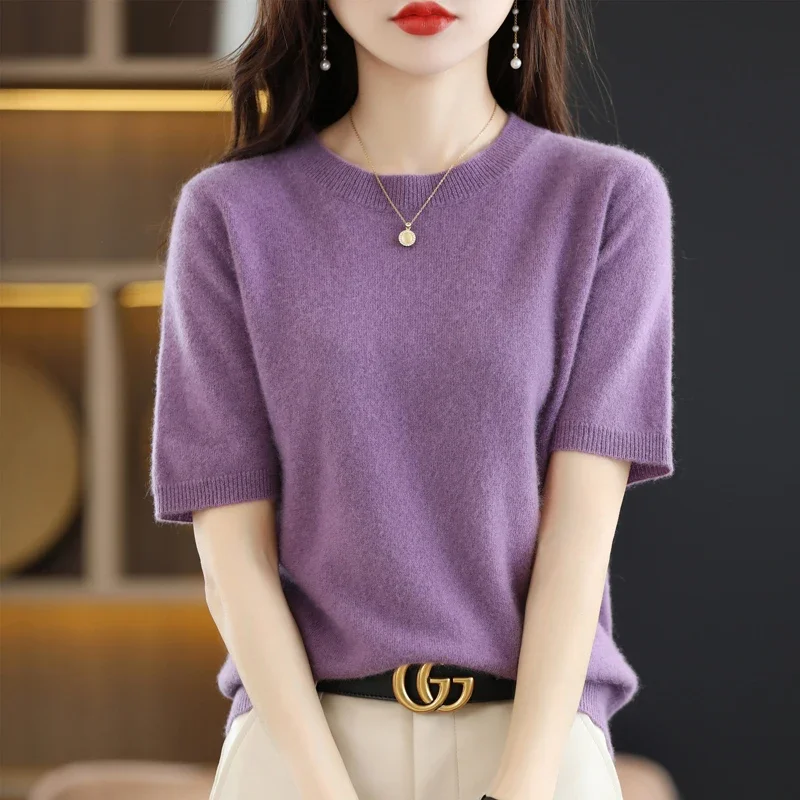 

New Short-sleeved Knitwear Women O-neck T-shirt Wool Cotton Blend Pullover Vest Sprig Summer Bottoming Tops Sweater Solid Soft