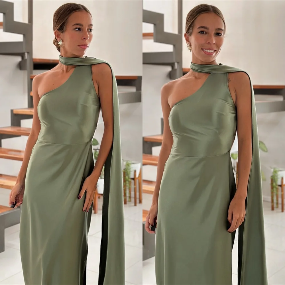 

Customized Elegant Green Satin Evening Dress Exquisite One Shoulder Strapless Celebrity Gowns Delicate Lace Up Back Party Dress