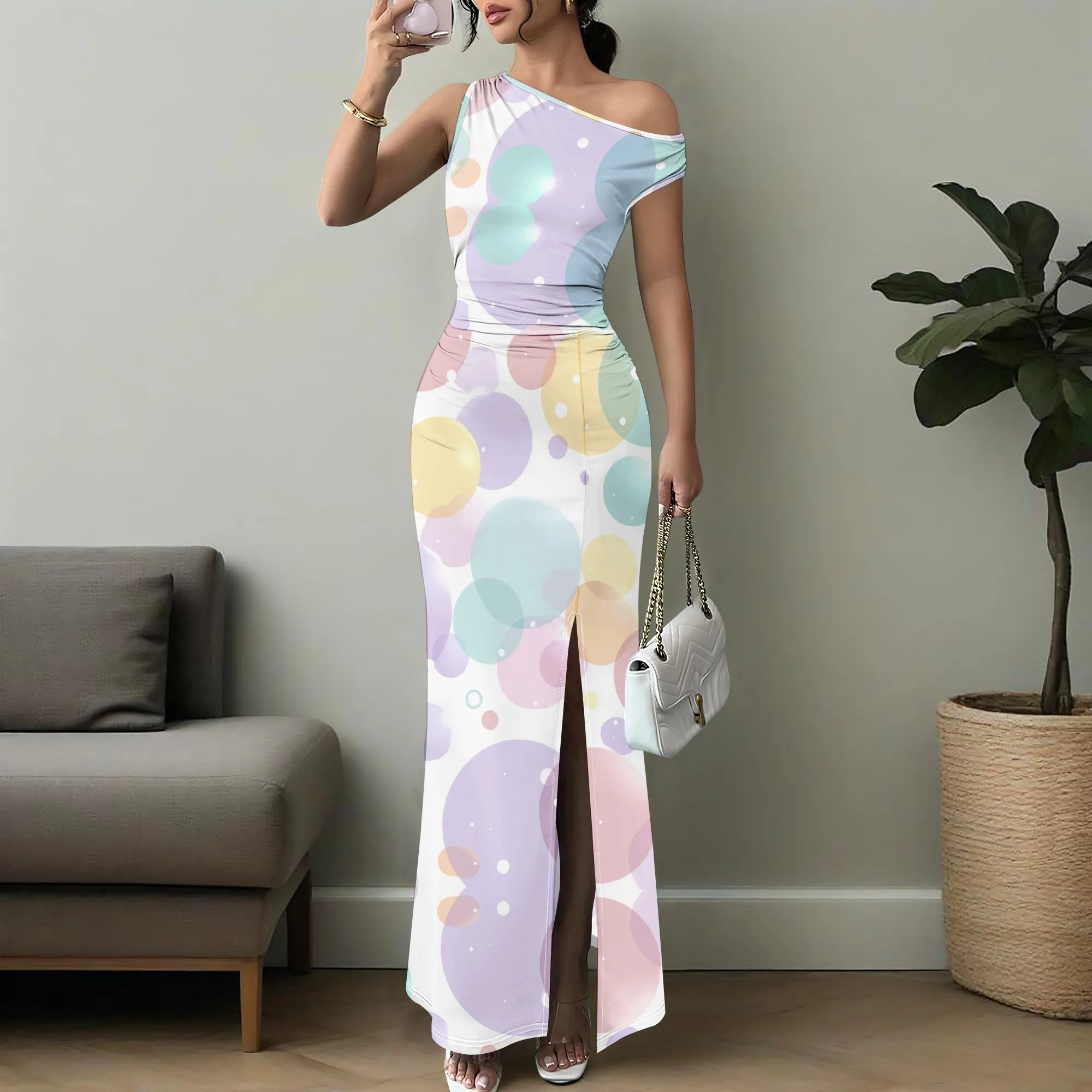 

Elegant Women's One Shoulder Maxi Dress Bodycon Side Slit Pastel Bubble Print Summer Party Dresses XS-3XL