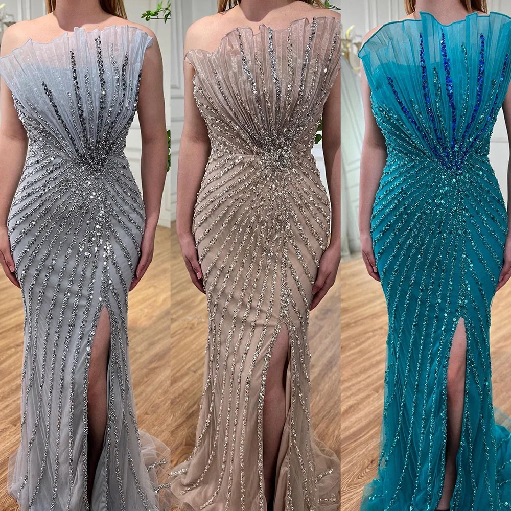 Wasisi Gray High Split Off Shoulder Mermaid Evening Dresses Beaded Gowns 2024 For Women Wedding Party FLA72049Customized