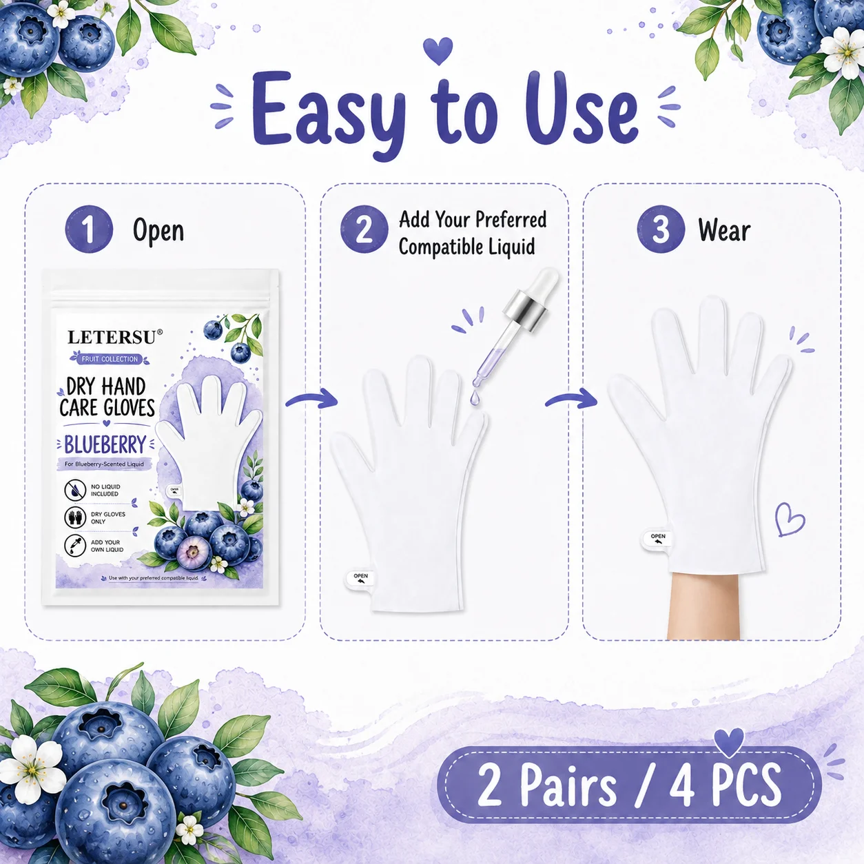 4PCS Blueberry Dry Hand Mask Gloves Moisturizing Hand Care Spa Gloves Empty Gloves for Dry Hands Add Your Own Liquid