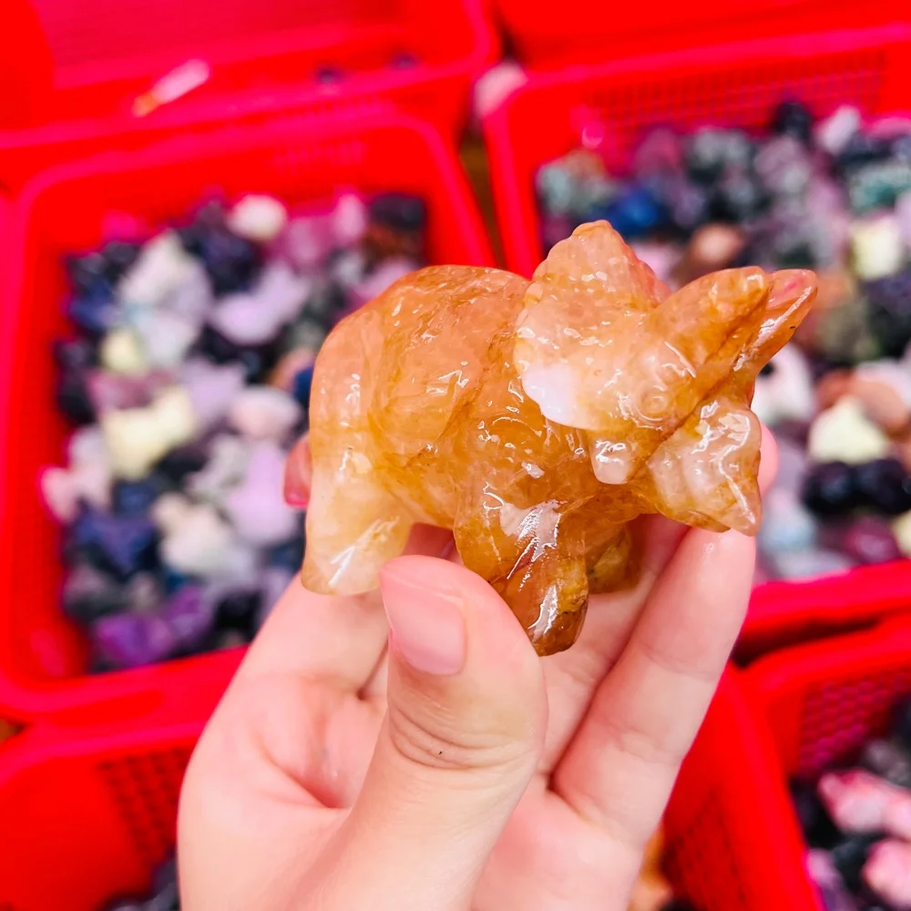 1PCS Natural Triceratops Dinosaur Yellow Fire Quartz Hematoid Carving Reiki Healing Feng Shui Energy Stone for Room Decor & Gift