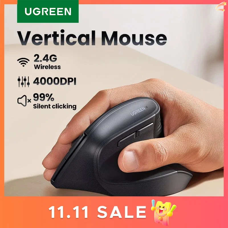 

UGREEN 2,4G Вертикальная беспроводная мышь Аксессуары для ноутбуков Эргономичная мышь с регулируемой чувствительностью и тихими кнопками
