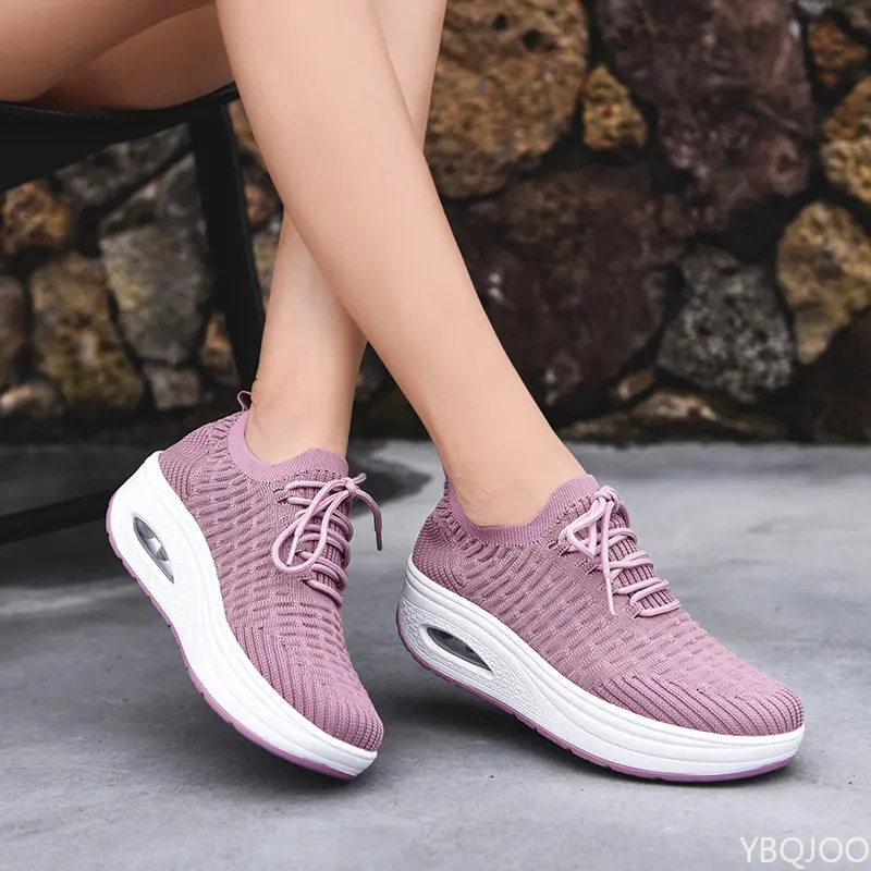 Fashion Breathable Air Mesh Women Shoes Wedges Heel Shoes Ladies Knitting Sock Sneakers Women Platform Casual Shoes