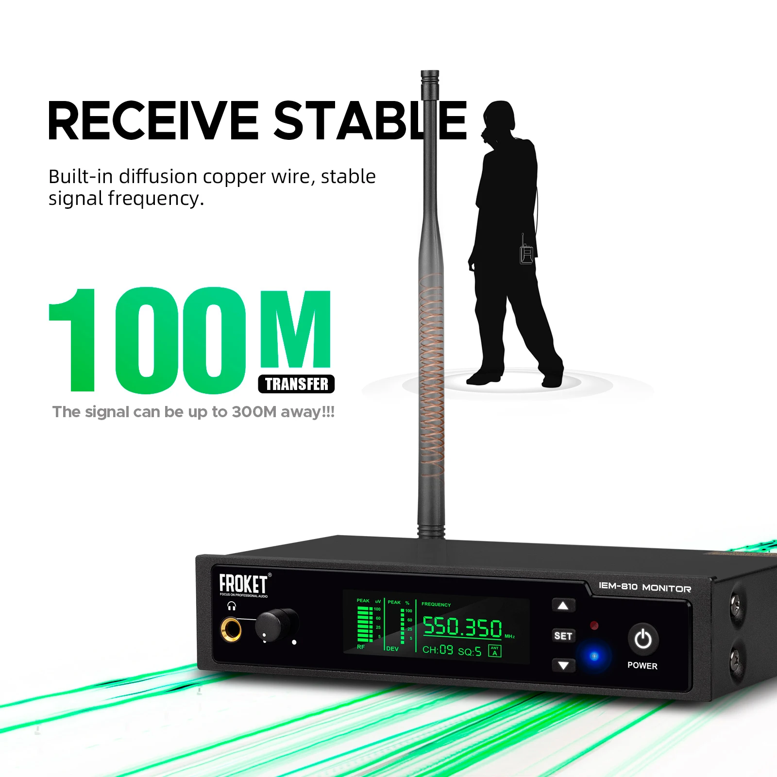 Debra IEM-810 UHF Wireless In-Ear Monitoring System Range 100m 530-580MHZ for Stage Performance,Recording,Band,Drummer,Church