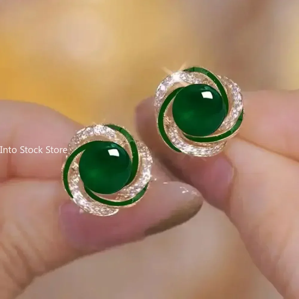 New South Korea Green Cat's Eye Stone Earrings Elegant Fashion Simple Small Earrings Women's Jewelry