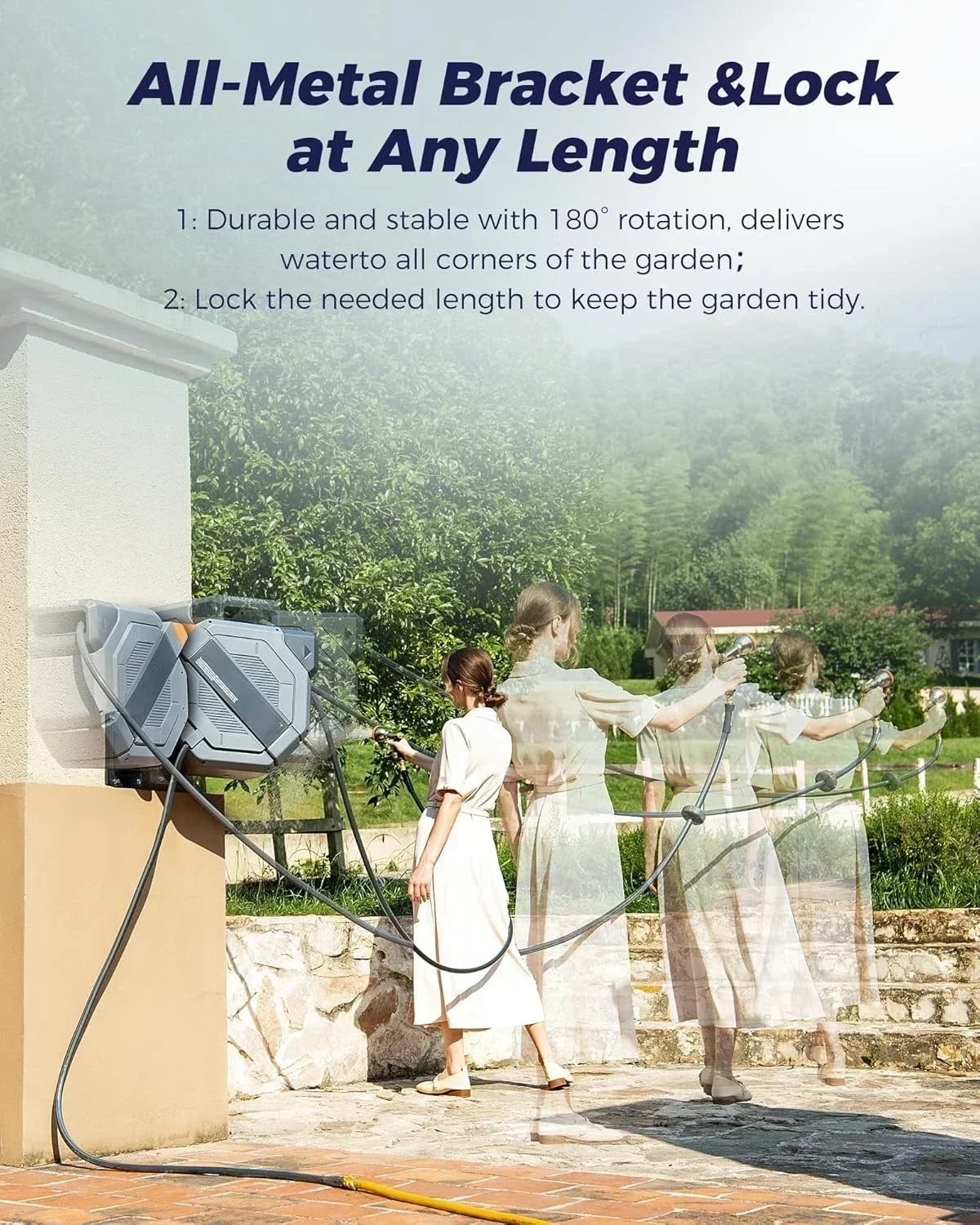 Hot salesRetractable Garden Hose Reel 5/8inx75ftProfessional Metal Bracket & 9-Pattern Metal Nozzle UV Resistant Retraction 180°