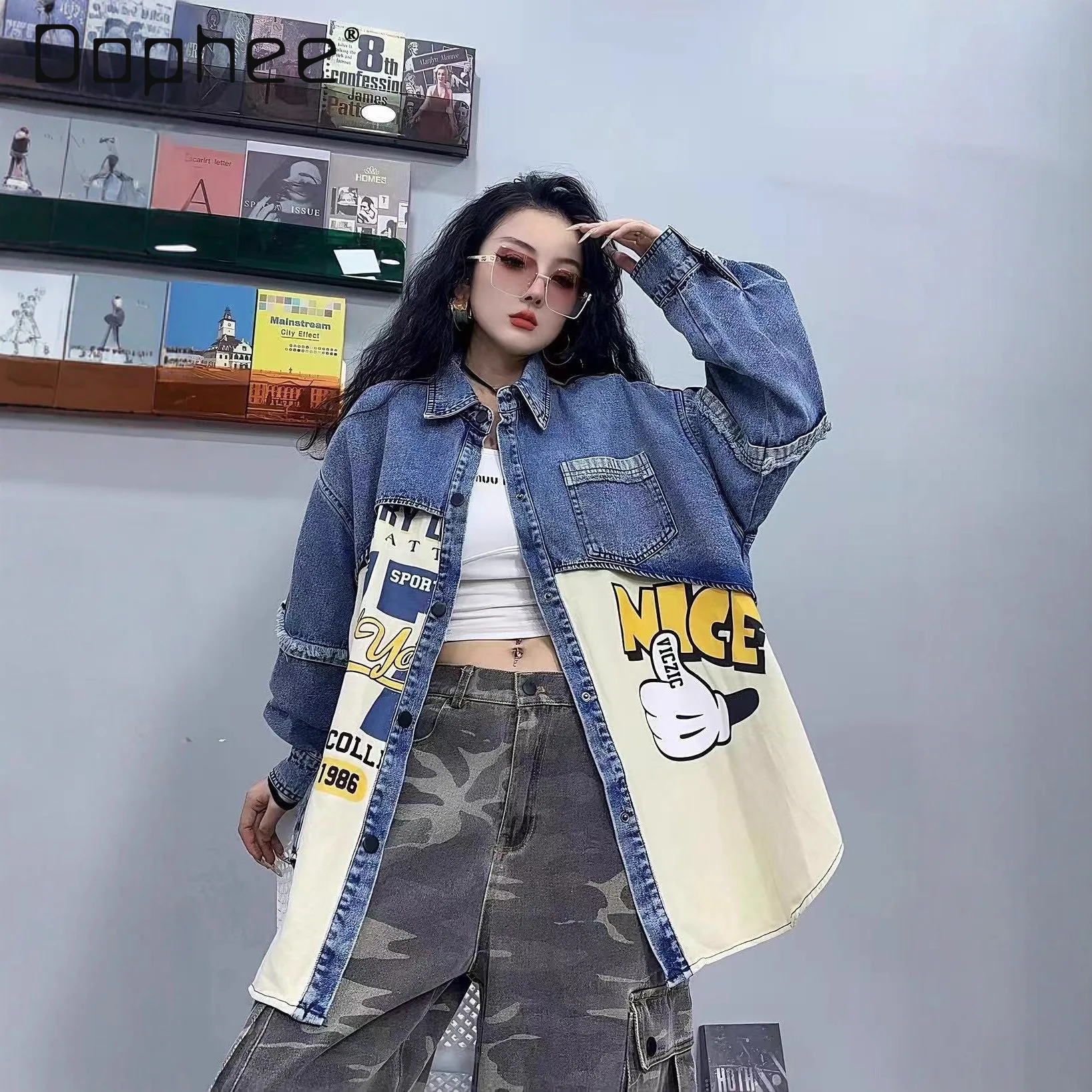 

2025 Autumn New Heavy Craft Cartoon Pattern Letter Print Loose Top Female Trendy Denim Shirt Denim Jacket Women Clothing