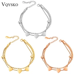 VQYAKO Double Flat Snake Chain Stainless Steel Heart Bracelet For Men & Women Party Charm Jewelry Gift