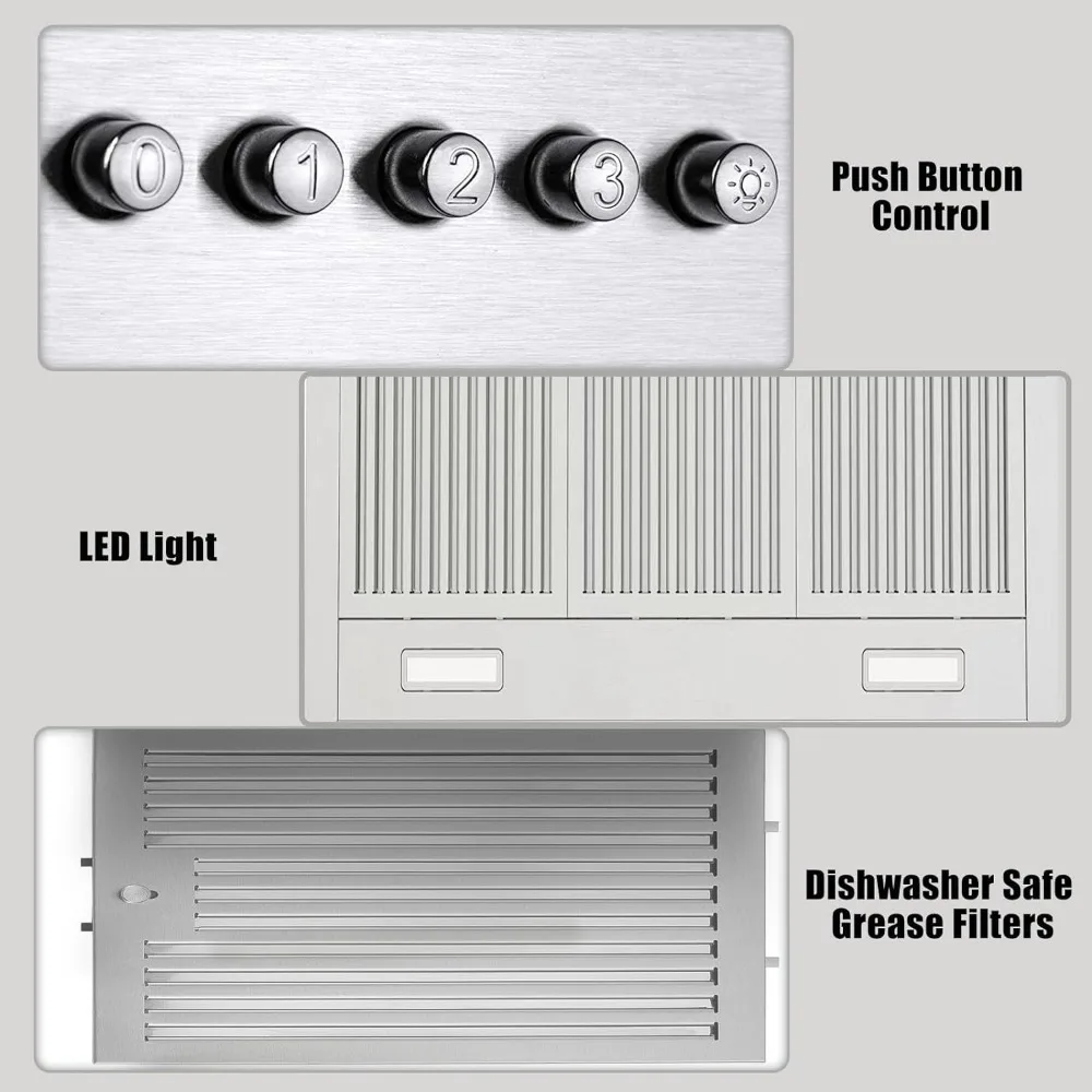 , Cappa di sfiato a parete in acciaio inossidabile, cappa da cucina canalizzata/senza condotto con controllo a pulsante, ventola di scarico a 3 velocità,