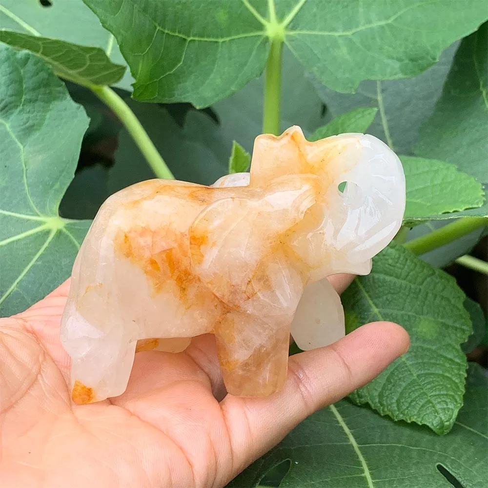 Natural Yellow Hematoid Quartz Elephant Hand Carved Crystal Animal Figurine Reiki Healing Stone Prosperity Symbol Home Decor