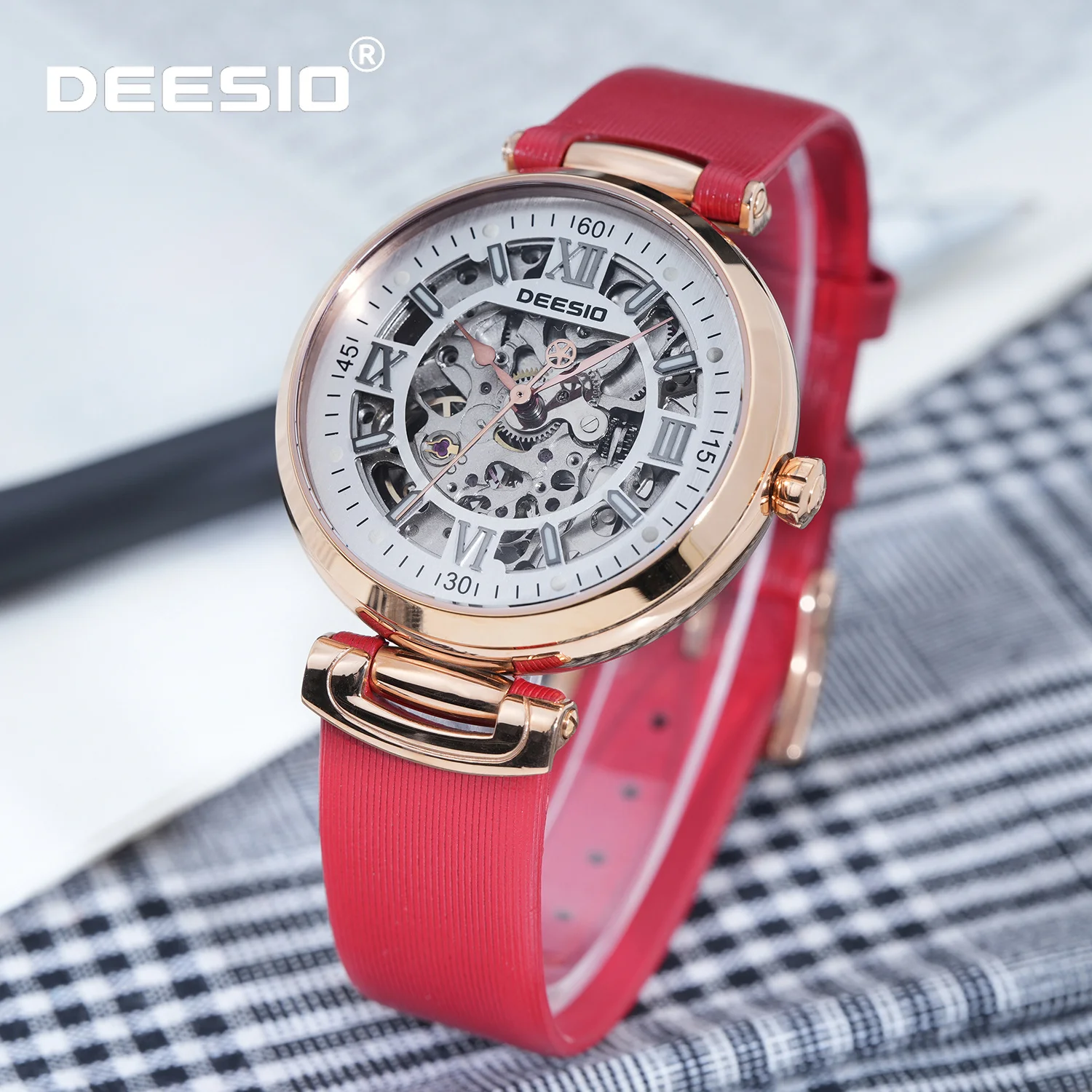 Deesio Luxury Women's Mechanical Watch Hollowed Dial Waterproof 30M Stainless Steel Wristwatch Automatic Self-Winding Movement