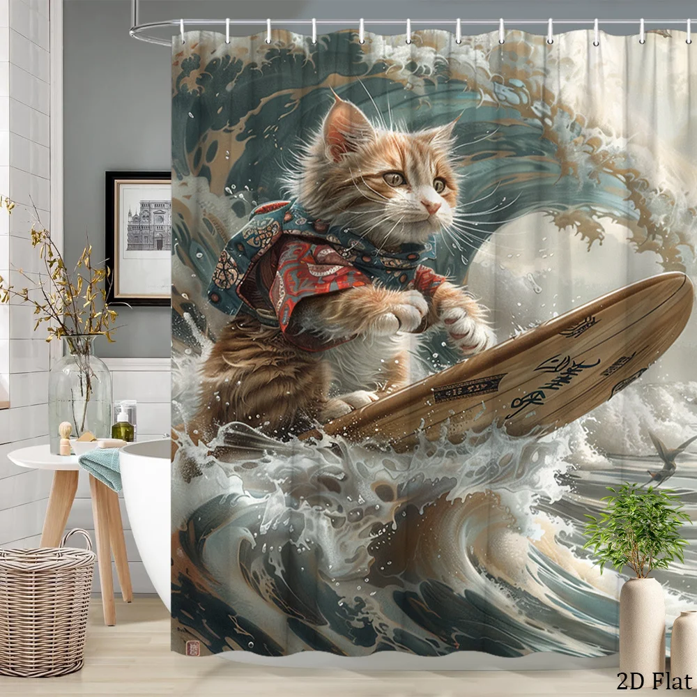 

Cute Cat Surfing Wave Ocean Shower Curtain Waterproof Bathroom Decor Novelty Animal Pet Print Liner Wall Art