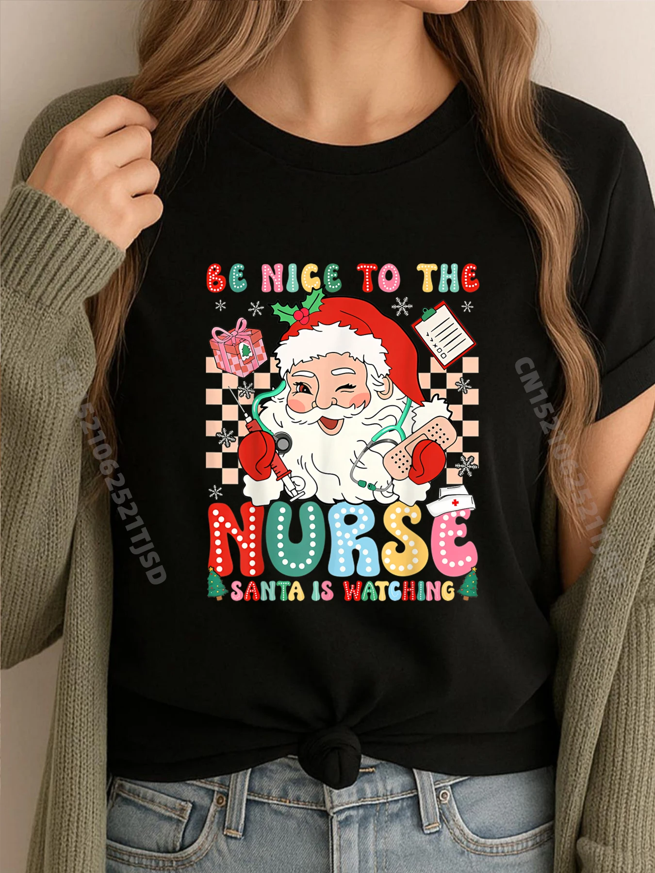

Медсестра Рождество Be Nice To The Nurse Santa Is Watching Harajuku Роскошные дизайнерские топы Футболка для улицы