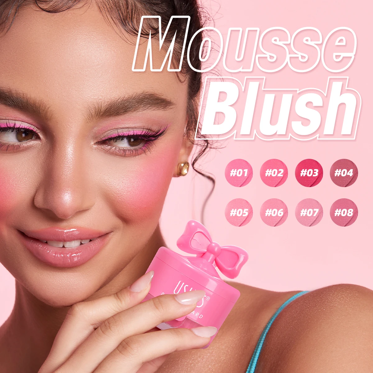 USHAS, verkrijgbaar in 8-kleuren, blushcrème, met spiegel, gezichtscrème en poeder in één verpakking, waterdicht.