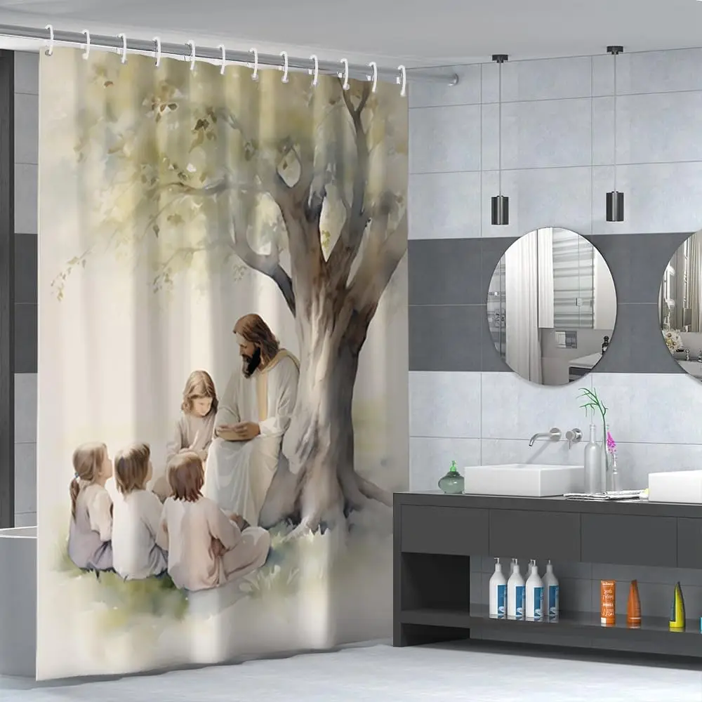 Jesus Family Tree Shower Curtain Bathroom Religious Spiritual Home Decor Modern Christian Art Print Waterproof Curtain Liners