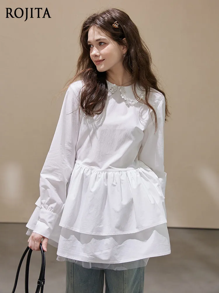 

Diamond Doll Collar White Shirt Dress Women's 2026 Spring Lace Splicing Design Fluffy Short Dress Suitable for Slim Women