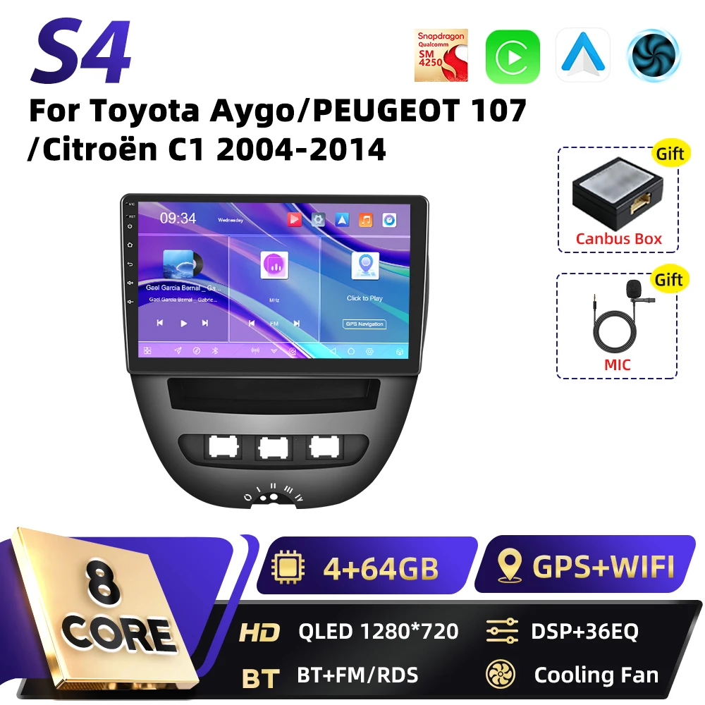 Podofo 8-Core Carplay 2DIN Android autoradio voor Toyota Aygo 2004-2014, Peugeot 107, Citroën C1, Snapdragon GPS FM RDS
