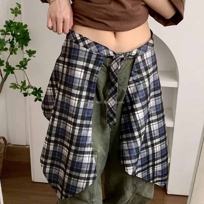 

Необычная рубашка в стиле хип-хоп для мужчин и женщин с искусственным подолом, весенне-осенняя ложная рубашка, юбка, клетчатые юбки до половины тела, женские Saia