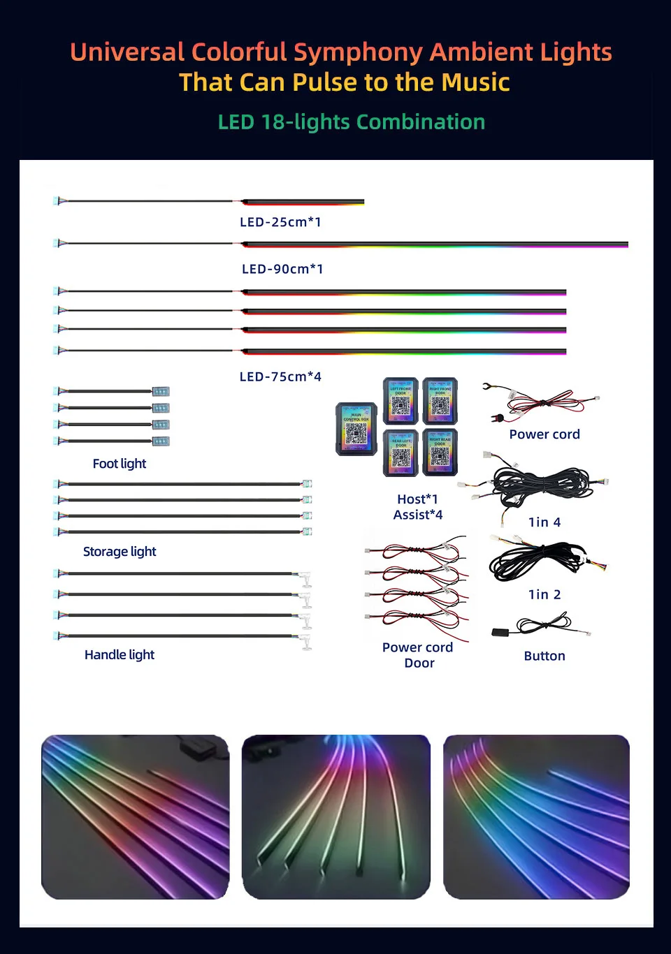 64 Colors RGB Interior Atmosphere Lighting High Quality 12V 3-5W LED Car Light Projector Strip Lights Decoration Kit Universal