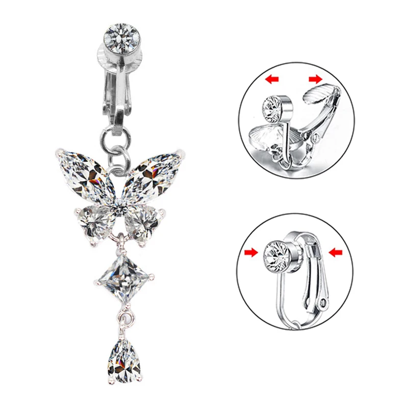 Sexy Faux Fake Belly Butterfly Belly Piercing Heart Clip On Umbilical Navel Fake Piercing Flower Dangled Cartilage Earring Clip