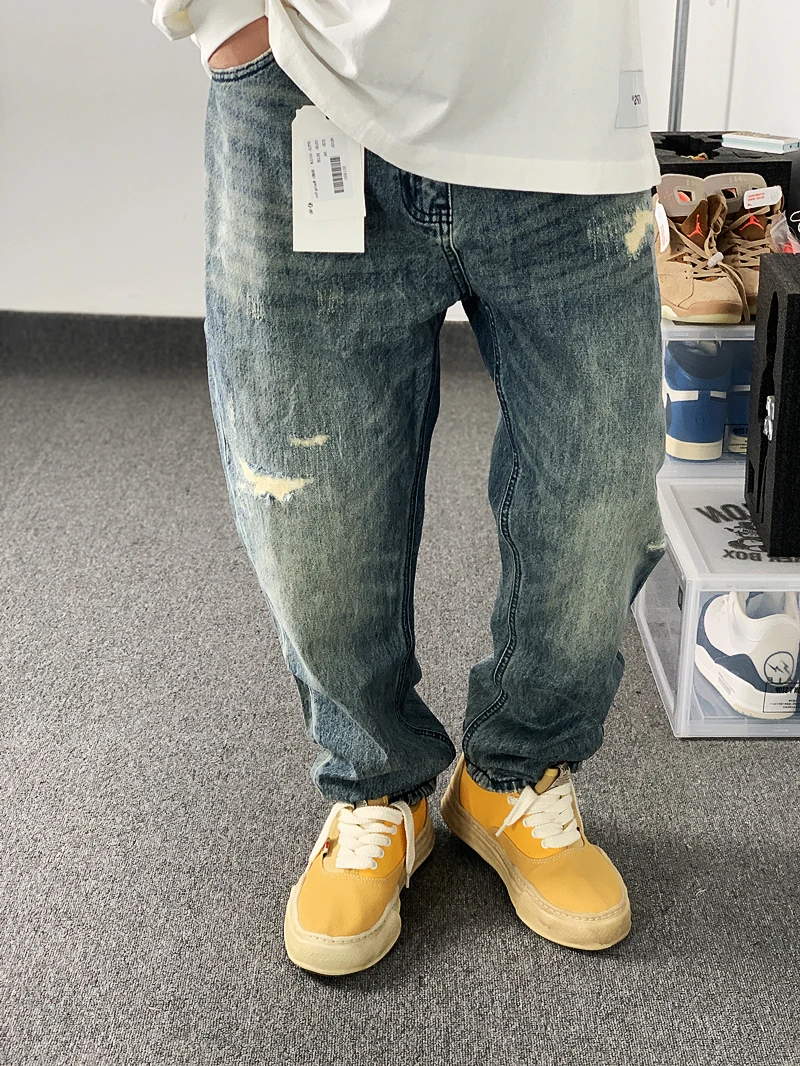 Worn Patch Washed Distressed Straight Ankle-Tied Jeans Hip Hop Skateboarding Pants Style Wear