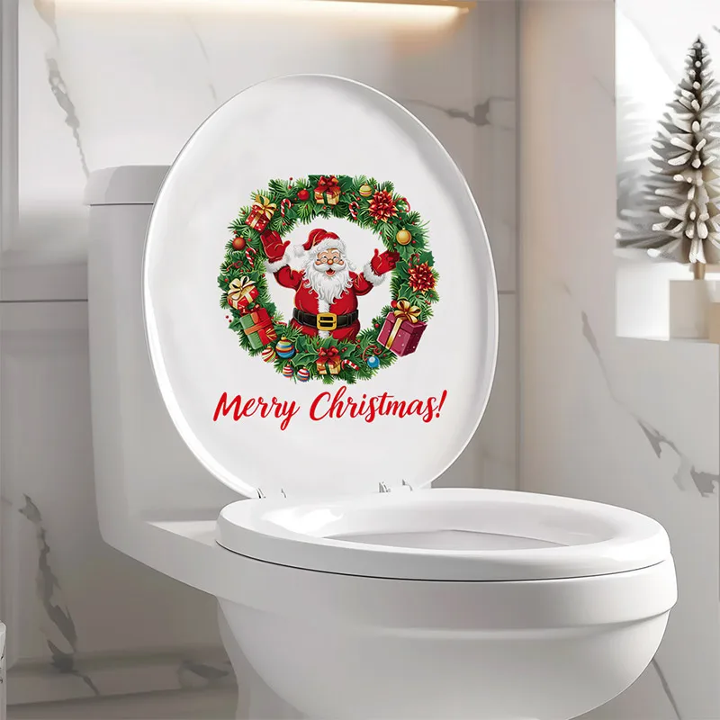 1PCS Santa Claus Wreath English Slogan Bedroom Toilet Decoration Wall Stickers Self-adhesive Toilet Cover Toilet Decoration