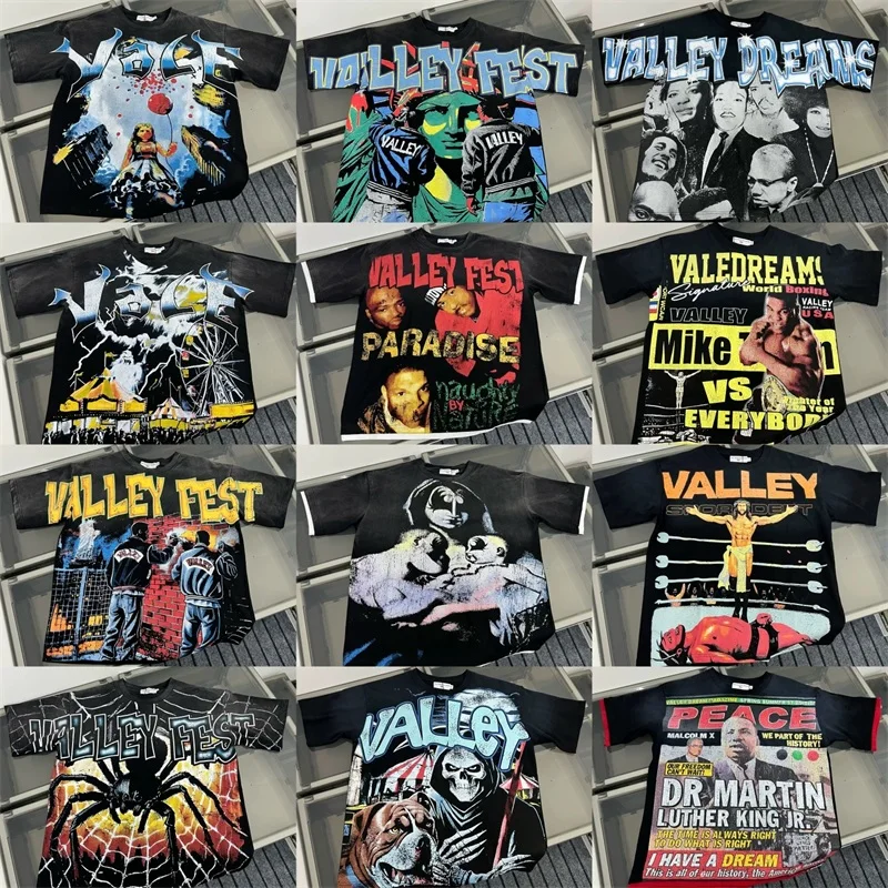 

Негабаритные черные потертые мужские футболки Vale с американским уличным принтом из чистого хлопка, повседневные женские футболки VALLEY с короткими рукавами