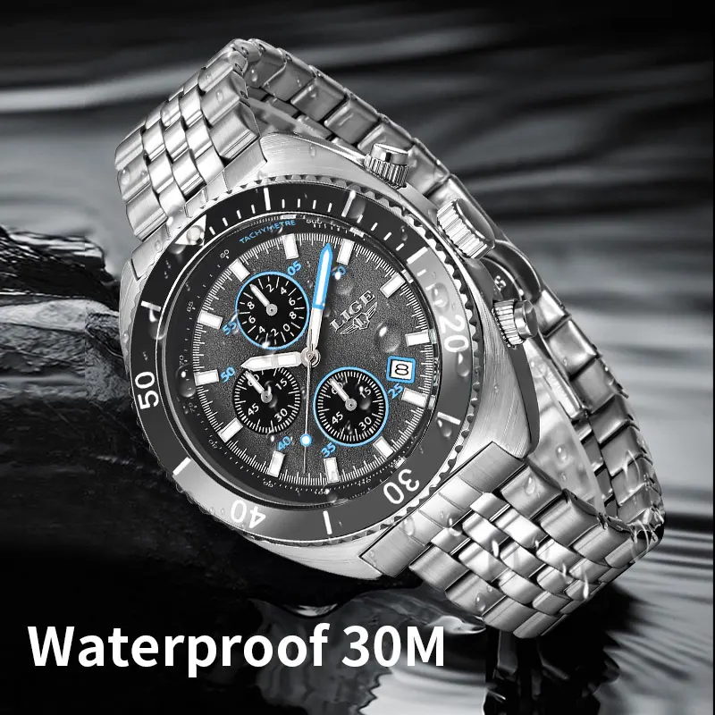 LIGE Fashion Mens Watch Stainless Steel Top Brand Luxury Sport Chronograph Quartz Watches For Men Wrist Watch Relogios Masculino