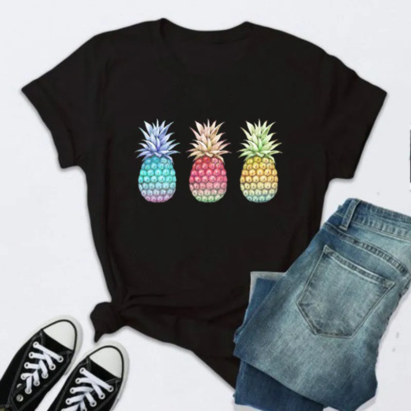 2022 New Black T-Shirts for Women Short Sleeve Womens Tops Graphic Tee Female Summer Shirt Fruit Pineapple Print Crewneck Tees