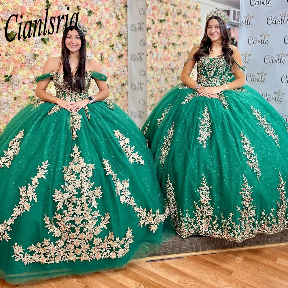 Verde Fora Do Ombro Ball Gown Vestido Quinceanera Para Menina Frisado Birthday Party Vestidos Apliques Prom Vestido De 15 Ano