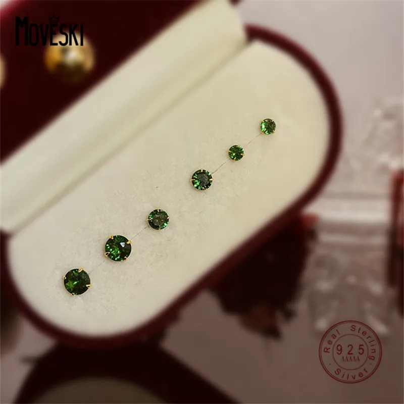 MOVESKI 925 Sterling Silver Simple Mini Green Zircon Stud Earrings Women Temperament Charm Student Jewelry