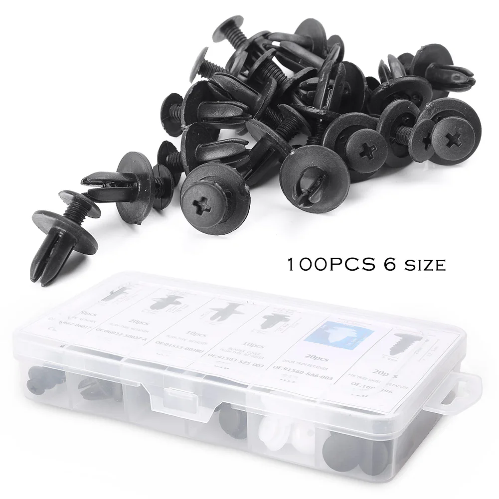 100Pcs 6 Sizes Car Body Bumper Retainer Fastener Clip Assortment Kit Universal for Toyota Honda Ford etc Black