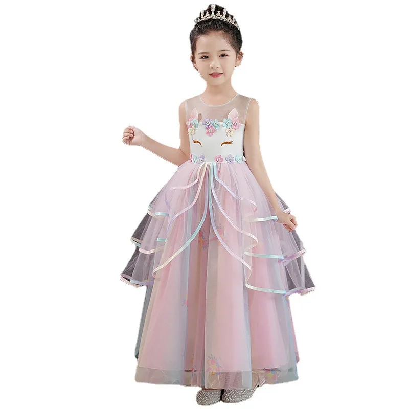 여아 공주 정장 드레스 세트 롱 퍼포먼스 드레스 어린 소녀의 우아한 의상과 어울리는 액세서리 포함