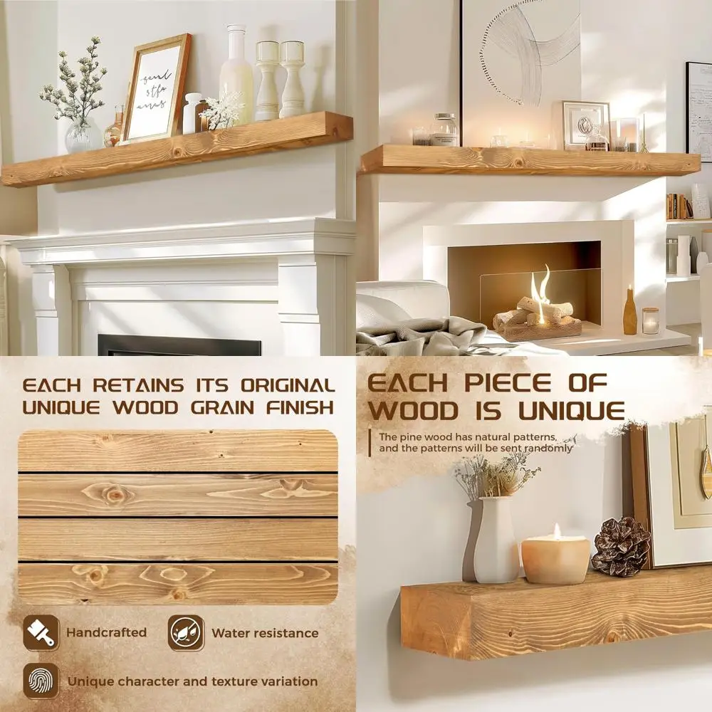 

Rustic Wall-Mounted Floating Shelf with Hidden Brackets for 72x7x3 Fireplace Mantel - Natural Wood