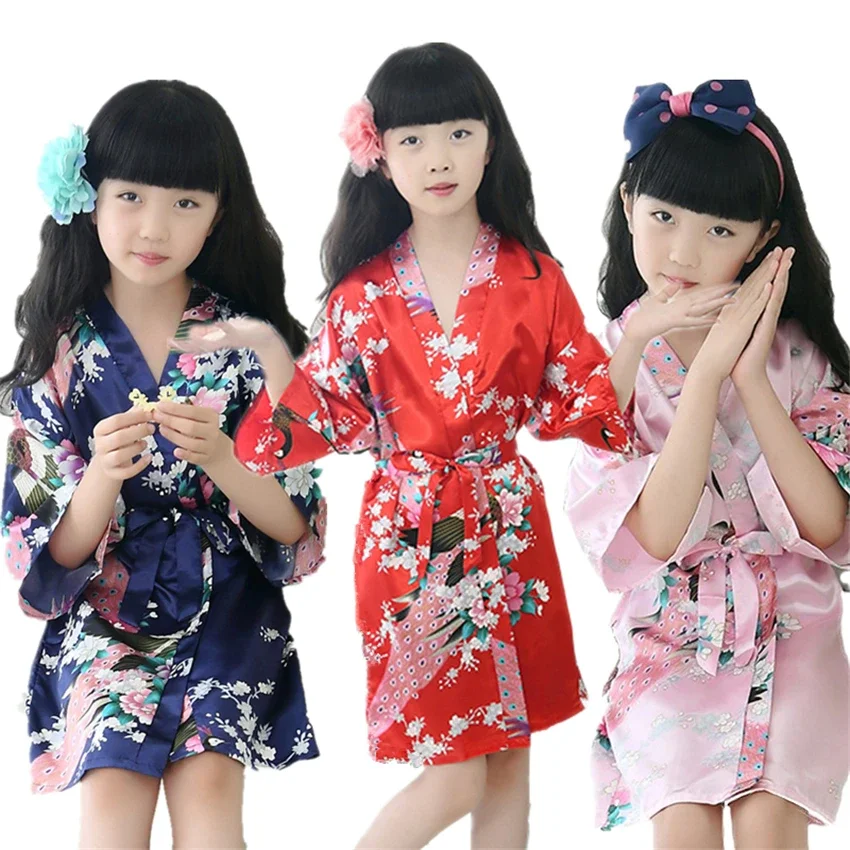 

9Color Traditional Japanese Kimono Clothing for Girls Wedding Bridesmaid Peacock Pajamas Kids Silk Asian Sleepwear