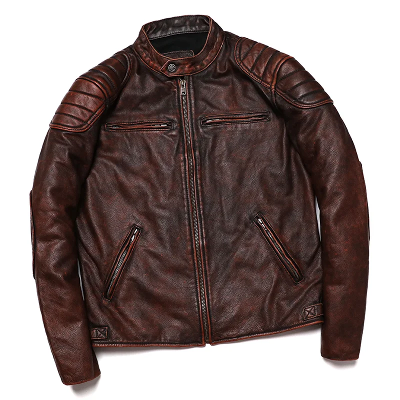 

Free Shipping 2023 New Brown Vintage Style Genuine Leather Jacket Men's Cowhide Motorcycle Biker Coat Slim Fashion Clothing