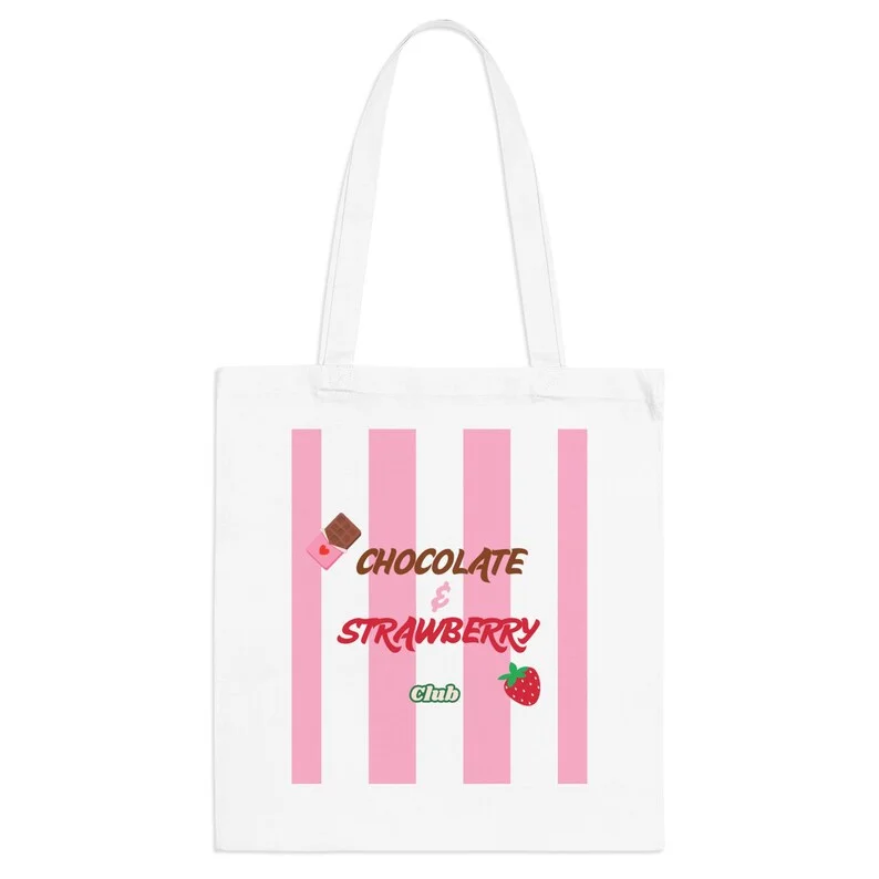 

Chocolate Strawberry Tote Bag Cute Color Stripes Letter Canvas Bag Reusable Eco-Friendly Bag for Daily Use Travel Shopping
