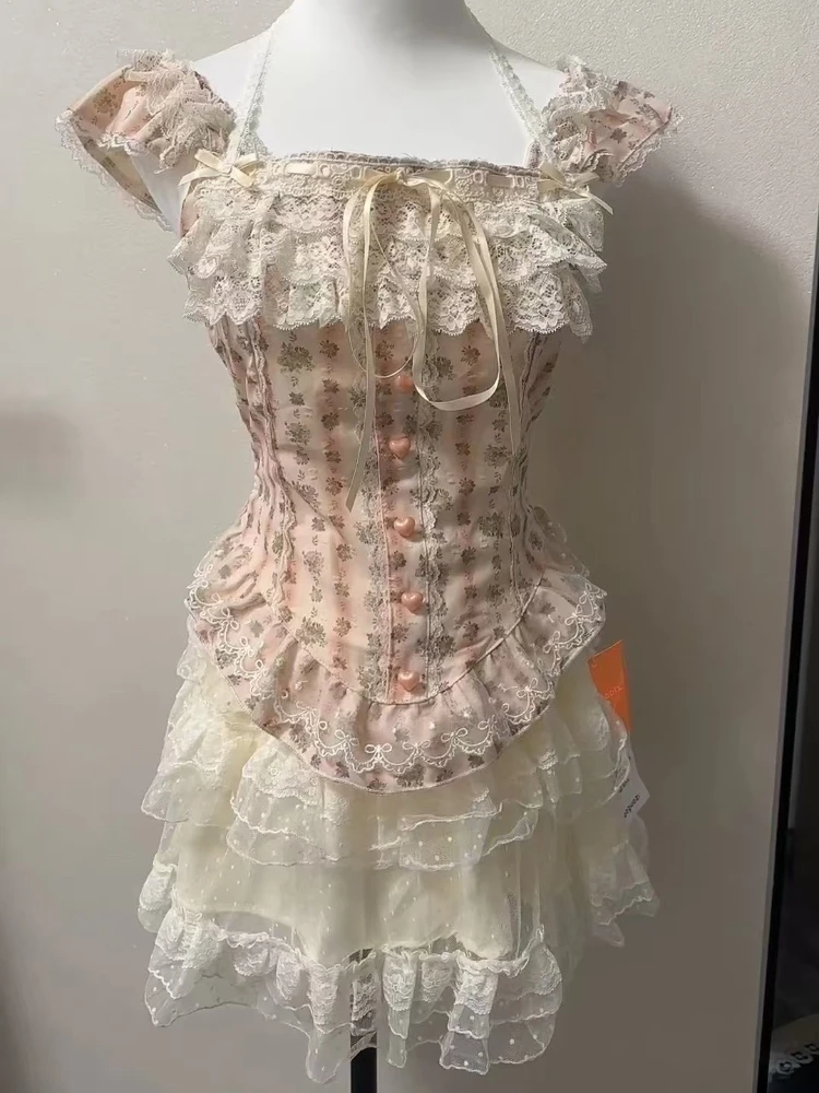 

Летняя новинка Sweet Off Shouder Сексуальная блузка с цветочным принтом + милая кружевная мини-юбка Женский наряд принцессы Винтажная мода Тонкий комплект из двух предметов