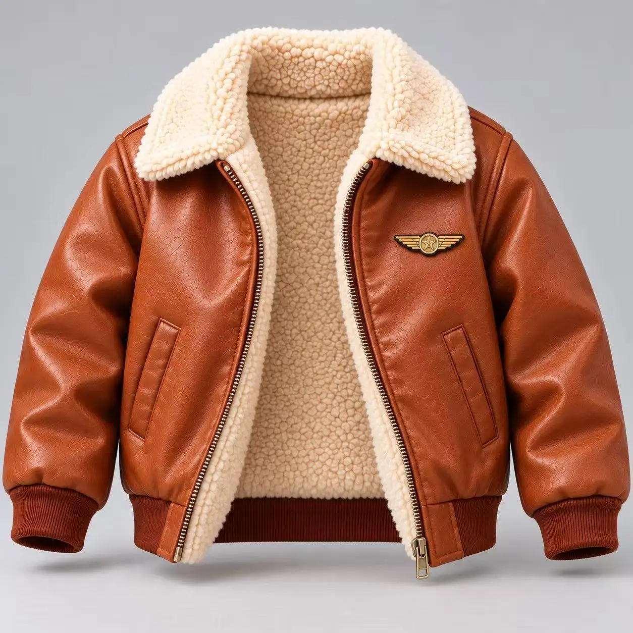 Kids Boys Pilot Leather Jacket Fur Collar Warm Bomber Coat for 6-12 Years Winter