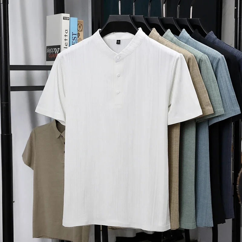 Mens Mandarin Collar Half Placket Linen Textured Short Sleeve Shirts Casual Tops Wrinkle Resistant Breathable Summer Wear view 2